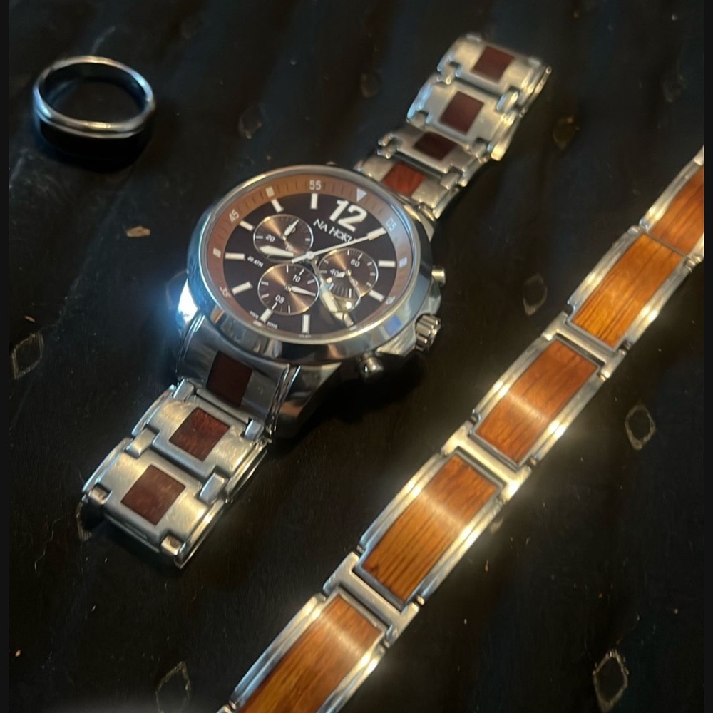 Na Hoku Silver and Brown Men's Watch with bracelet and ring all Na Hoku